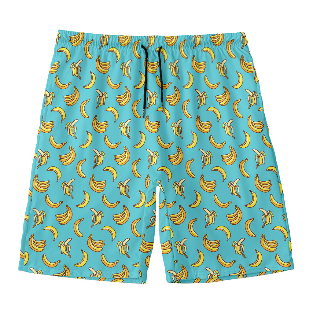 Turquoise Banana Pattern Print Men's Swim Trunks