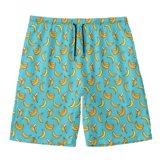 Turquoise Banana Pattern Print Men's Swim Trunks