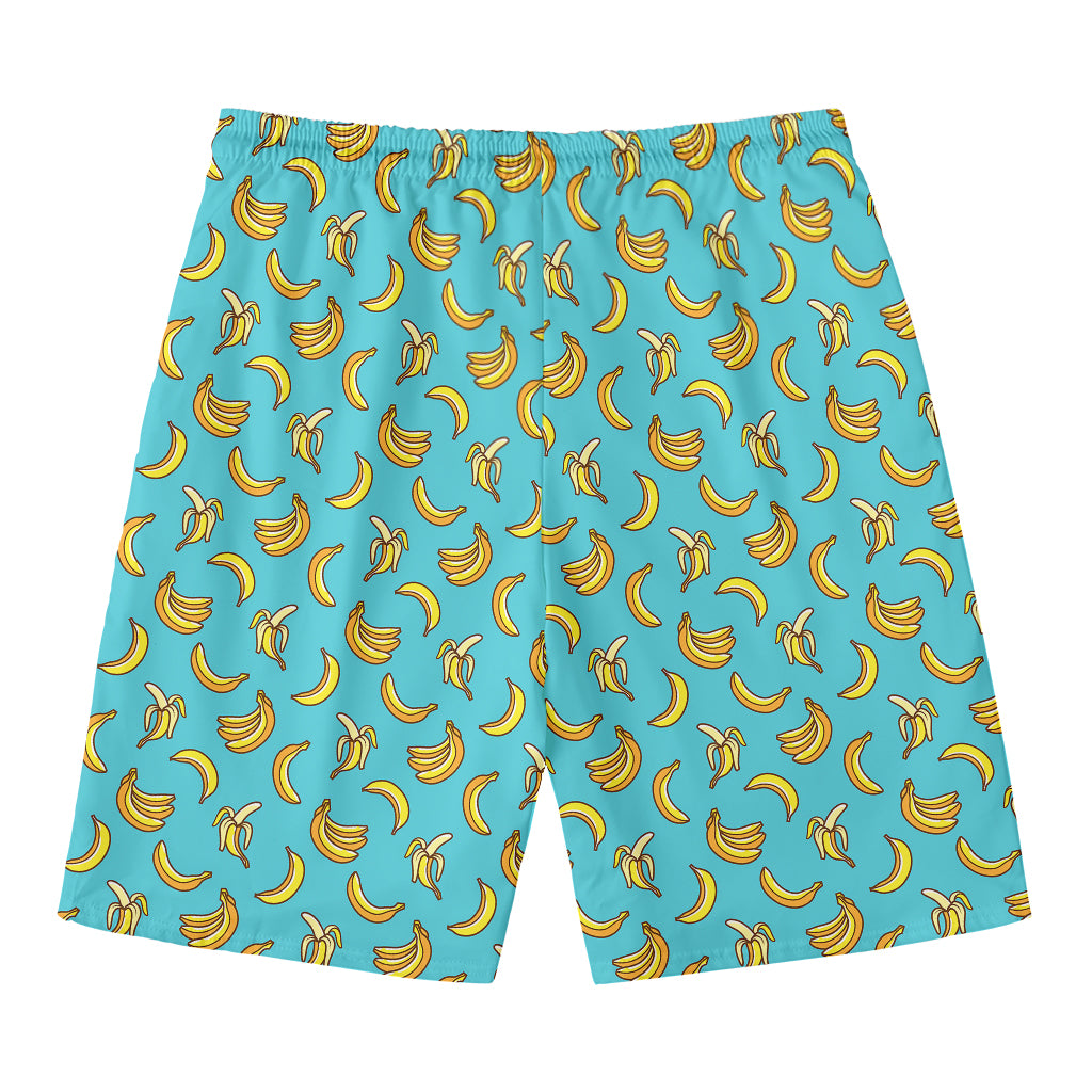 Turquoise Banana Pattern Print Men's Swim Trunks