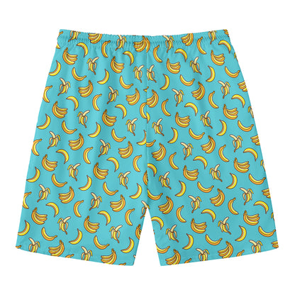 Turquoise Banana Pattern Print Men's Swim Trunks