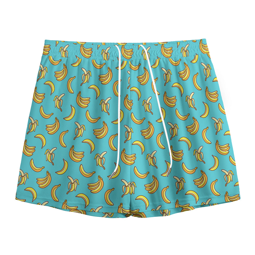 Turquoise Banana Pattern Print Mesh Shorts
