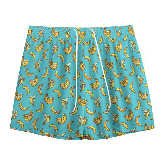Turquoise Banana Pattern Print Mesh Shorts