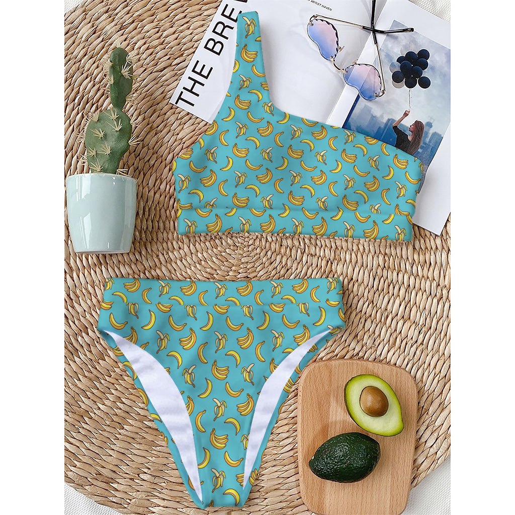 Turquoise Banana Pattern Print One Shoulder Bikini Top