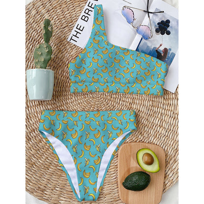 Turquoise Banana Pattern Print One Shoulder Bikini Top