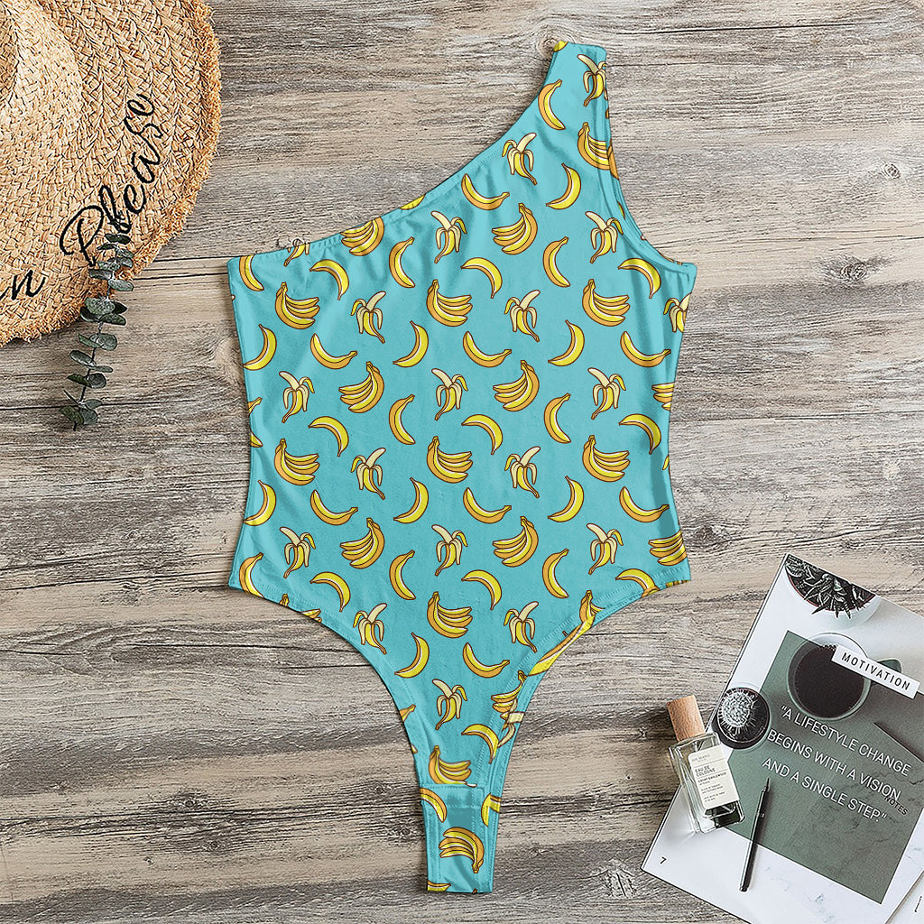 Turquoise Banana Pattern Print One Shoulder Bodysuit