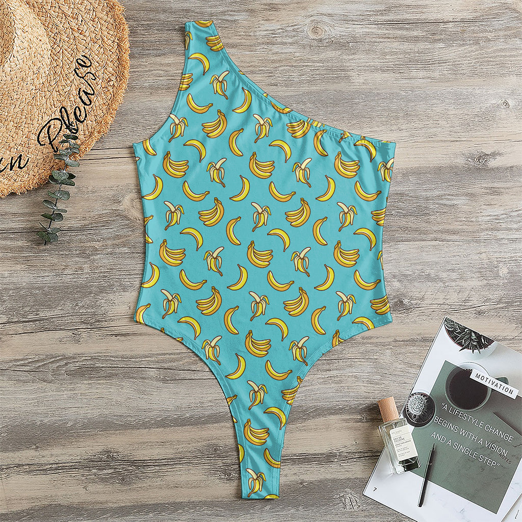 Turquoise Banana Pattern Print One Shoulder Bodysuit