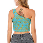 Turquoise Banana Pattern Print One Shoulder Crop Top