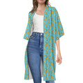 Turquoise Banana Pattern Print Open Front Beach Cover Up