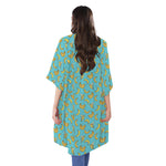 Turquoise Banana Pattern Print Open Front Beach Cover Up