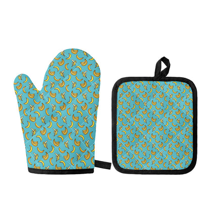 Turquoise Banana Pattern Print Oven Mitt And Pot Holder Set