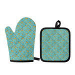 Turquoise Banana Pattern Print Oven Mitt And Pot Holder Set
