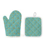 Turquoise Banana Pattern Print Oven Mitt And Pot Holder Set