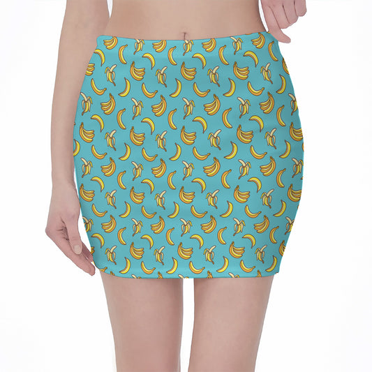 Turquoise Banana Pattern Print Pencil Mini Skirt