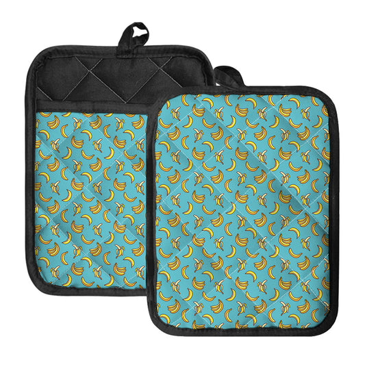 Turquoise Banana Pattern Print Pot Holders With Pocket