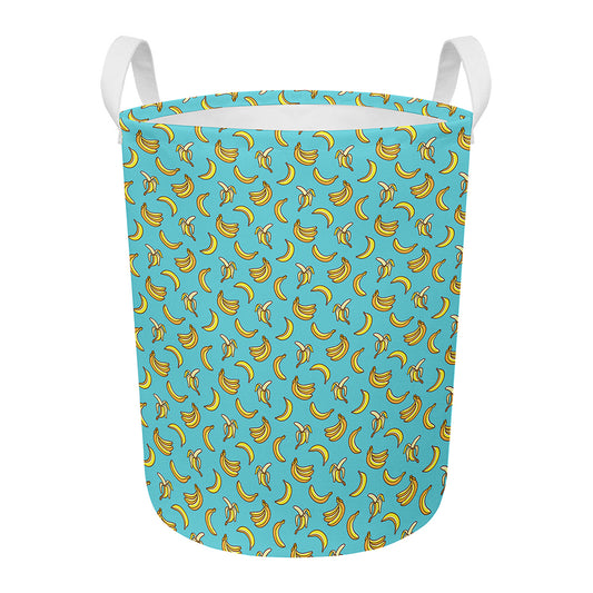 Turquoise Banana Pattern Print Round Laundry Basket