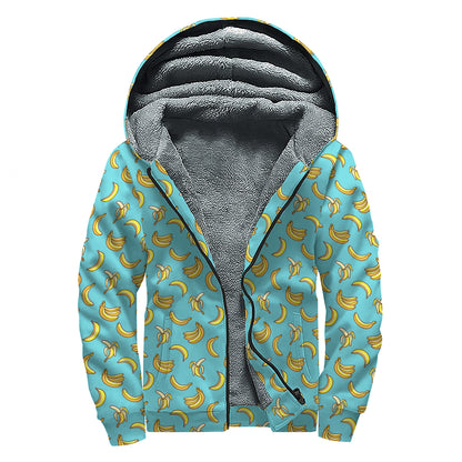 Turquoise Banana Pattern Print Sherpa Lined Zip Up Hoodie