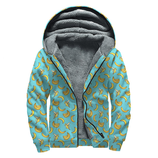 Turquoise Banana Pattern Print Sherpa Lined Zip Up Hoodie