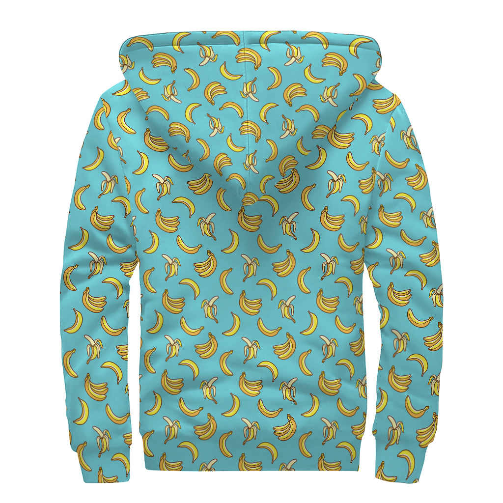 Turquoise Banana Pattern Print Sherpa Lined Zip Up Hoodie