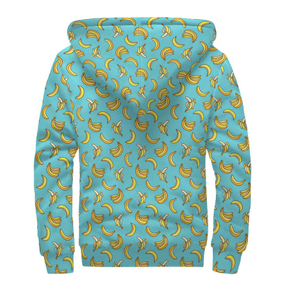 Turquoise Banana Pattern Print Sherpa Lined Zip Up Hoodie
