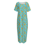 Turquoise Banana Pattern Print Short Sleeve Long Nightdress