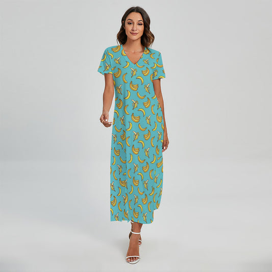 Turquoise Banana Pattern Print Short Sleeve Maxi Dress