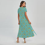 Turquoise Banana Pattern Print Short Sleeve Maxi Dress