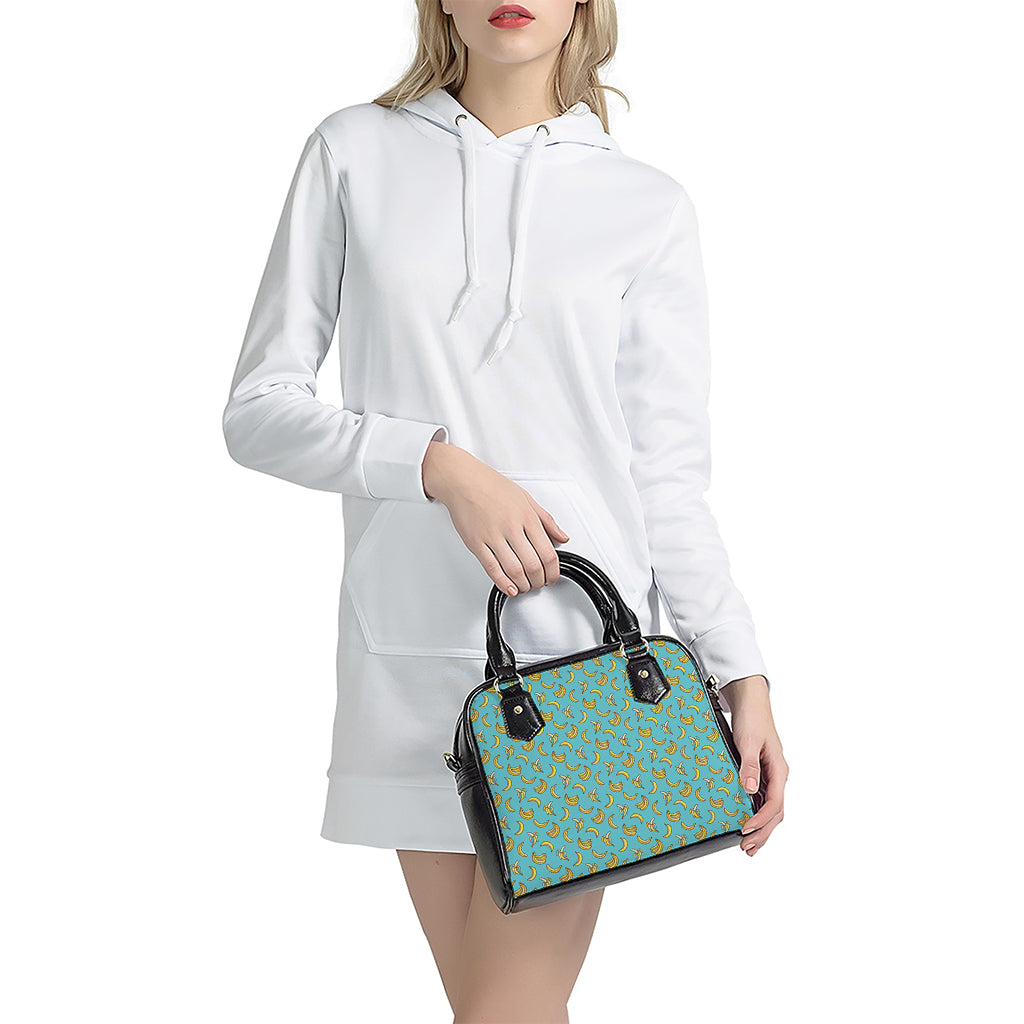 Turquoise Banana Pattern Print Shoulder Handbag