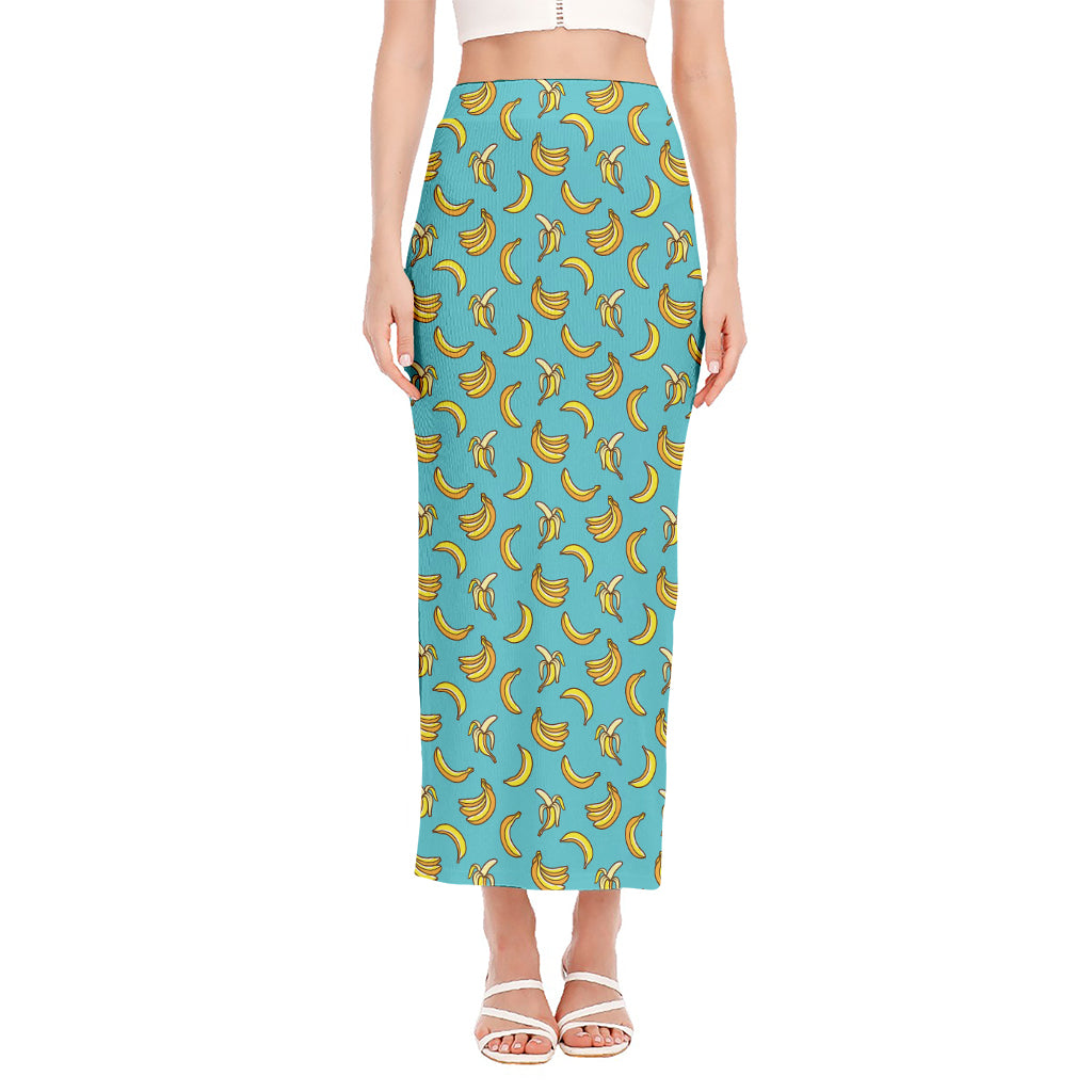 Turquoise Banana Pattern Print Side Slit Maxi Skirt