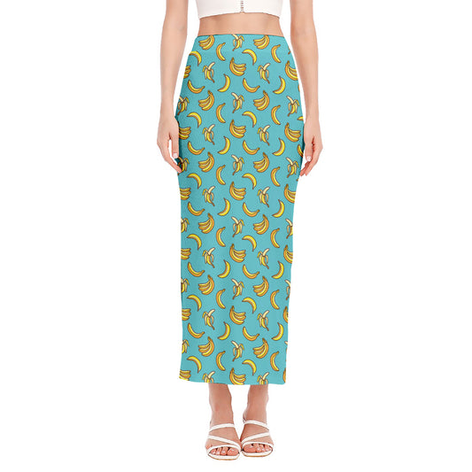 Turquoise Banana Pattern Print Side Slit Maxi Skirt