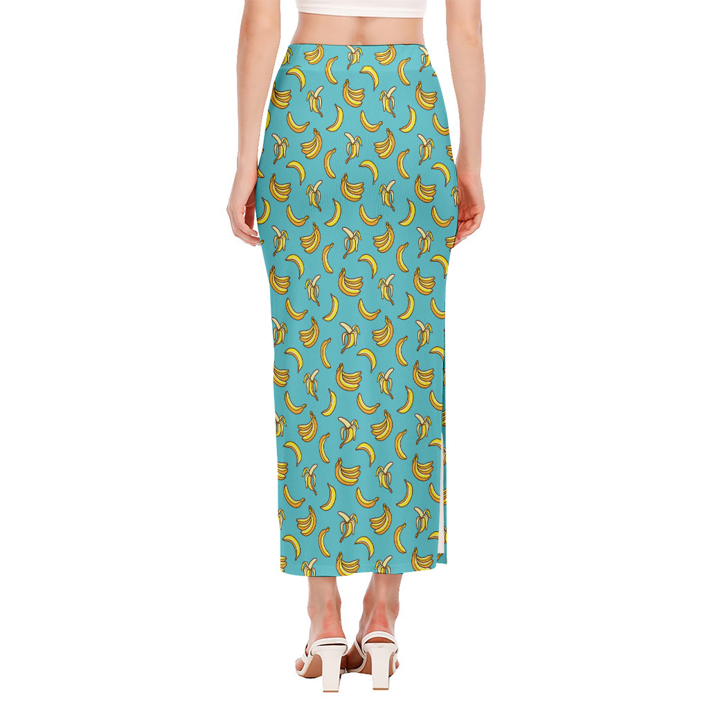 Turquoise Banana Pattern Print Side Slit Maxi Skirt