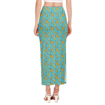Turquoise Banana Pattern Print Side Slit Maxi Skirt