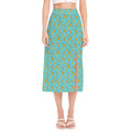 Turquoise Banana Pattern Print Side Slit Midi Skirt
