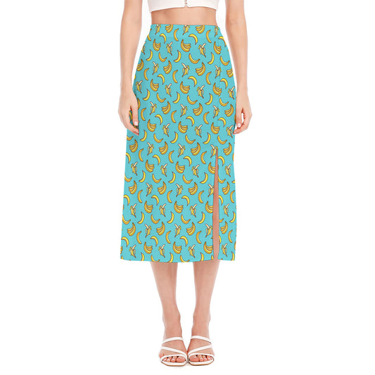 Turquoise Banana Pattern Print Side Slit Midi Skirt