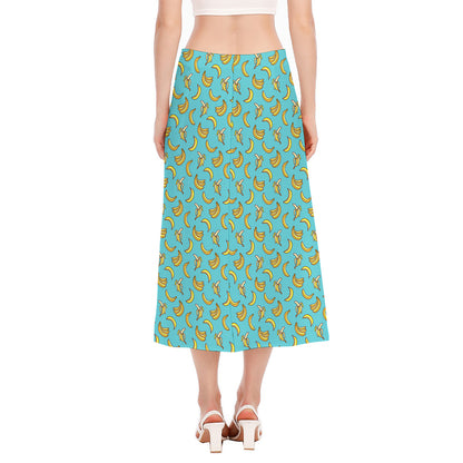 Turquoise Banana Pattern Print Side Slit Midi Skirt