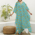 Turquoise Banana Pattern Print Silk V-Neck Kaftan Dress
