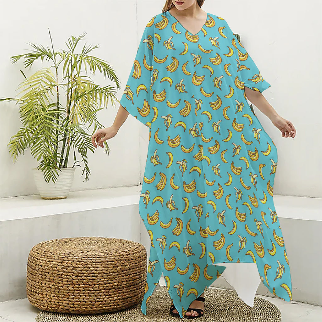 Turquoise Banana Pattern Print Silk V-Neck Kaftan Dress
