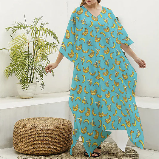 Turquoise Banana Pattern Print Silk V-Neck Kaftan Dress