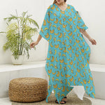 Turquoise Banana Pattern Print Silk V-Neck Kaftan Dress