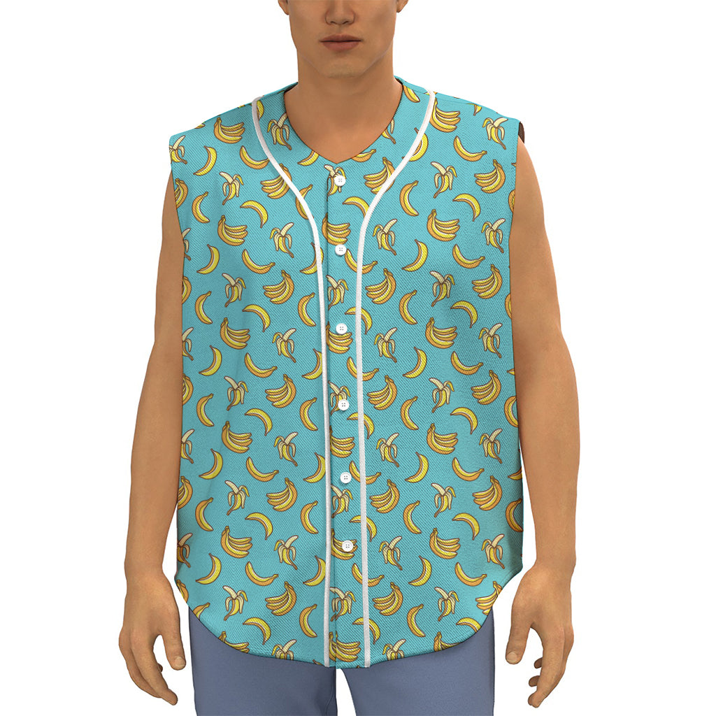 Turquoise Banana Pattern Print Sleeveless Baseball Jersey