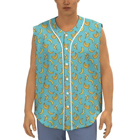 Turquoise Banana Pattern Print Sleeveless Baseball Jersey