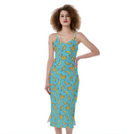 Turquoise Banana Pattern Print Slim Fit Midi Cami Dress
