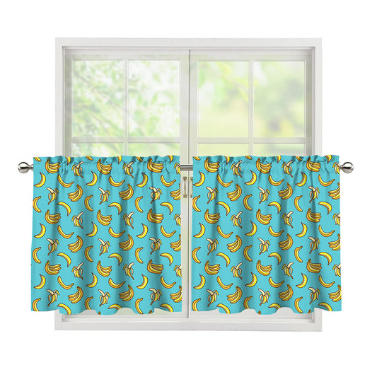 Turquoise Banana Pattern Print Tier Curtains