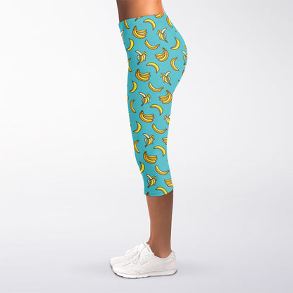 Turquoise Banana Pattern Print Women's Capri Leggings