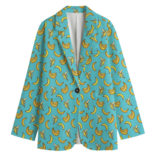 Turquoise Banana Pattern Print Women's Cotton Blazer