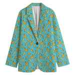 Turquoise Banana Pattern Print Women's Cotton Blazer