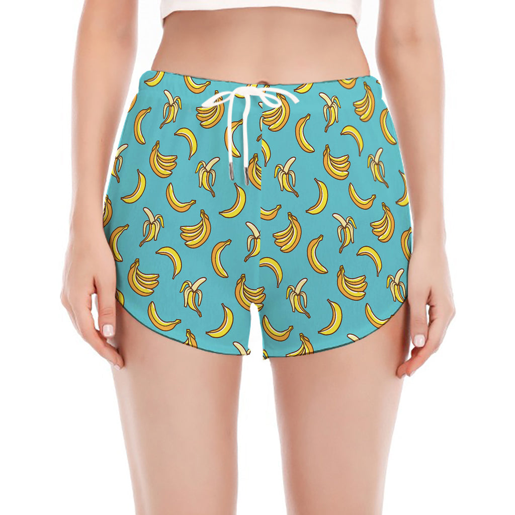 Turquoise Banana Pattern Print Women's Split Running Shorts