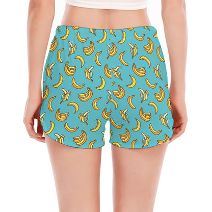 Turquoise Banana Pattern Print Women's Split Running Shorts