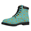 Turquoise Banana Pattern Print Padded Collar Lace Up Boots