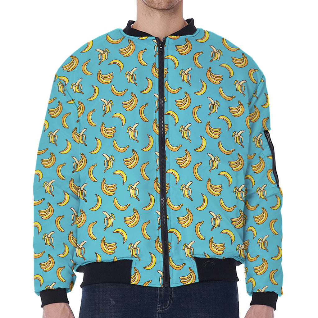 Turquoise Banana Pattern Print Zip Sleeve Bomber Jacket