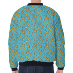 Turquoise Banana Pattern Print Zip Sleeve Bomber Jacket